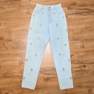 Vintage Monique Jeans Fleur De Lis Embellished Embroidered Light Wash Denim 7/8